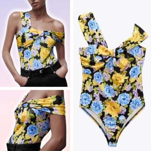 NWT ZARA Knotted Floral Printed Bodysuit Sz Small - Picture 1 of 11